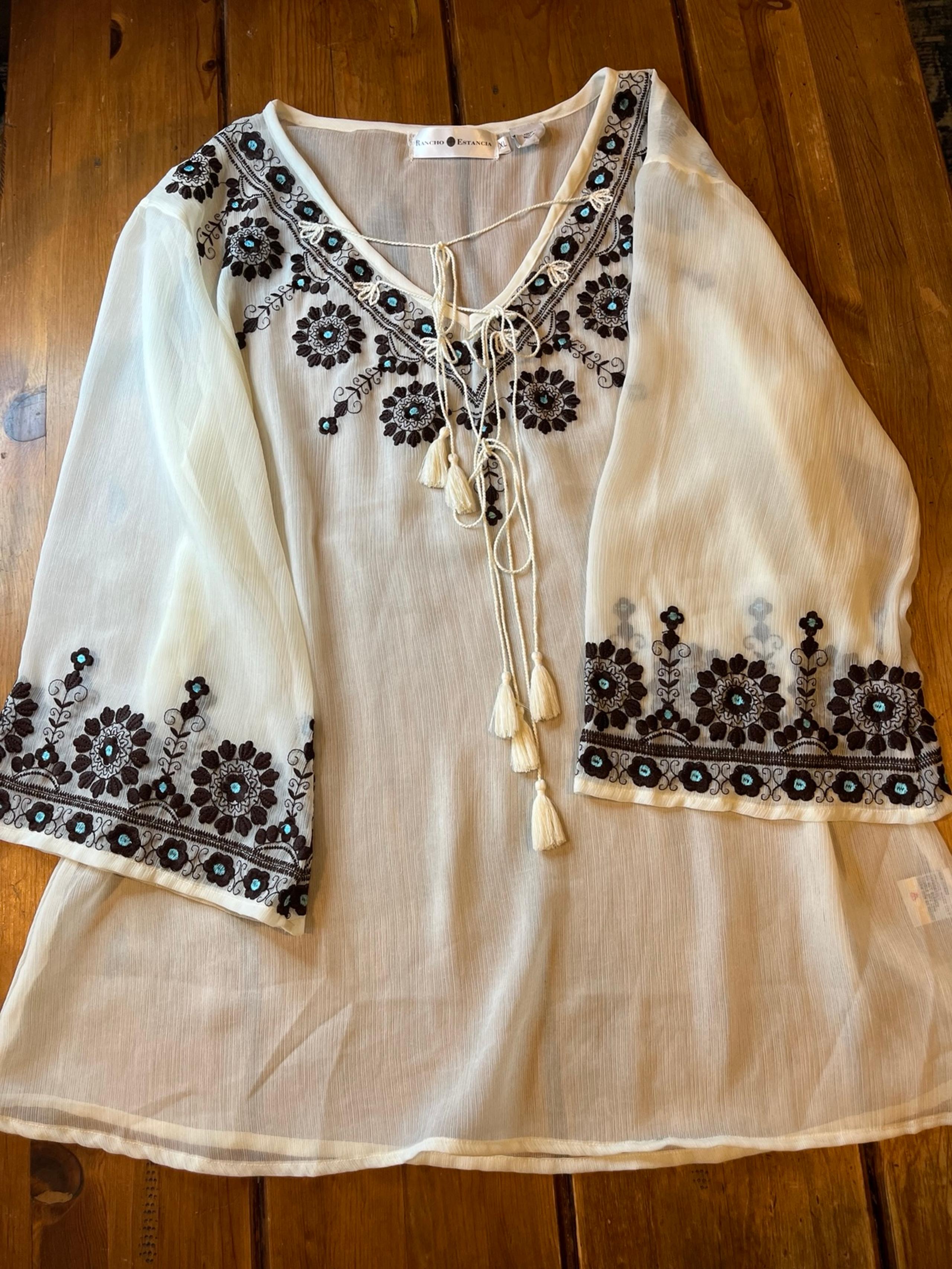 Rancho Estancia size Xl blouse. Cream sheer with exquisite embroidery