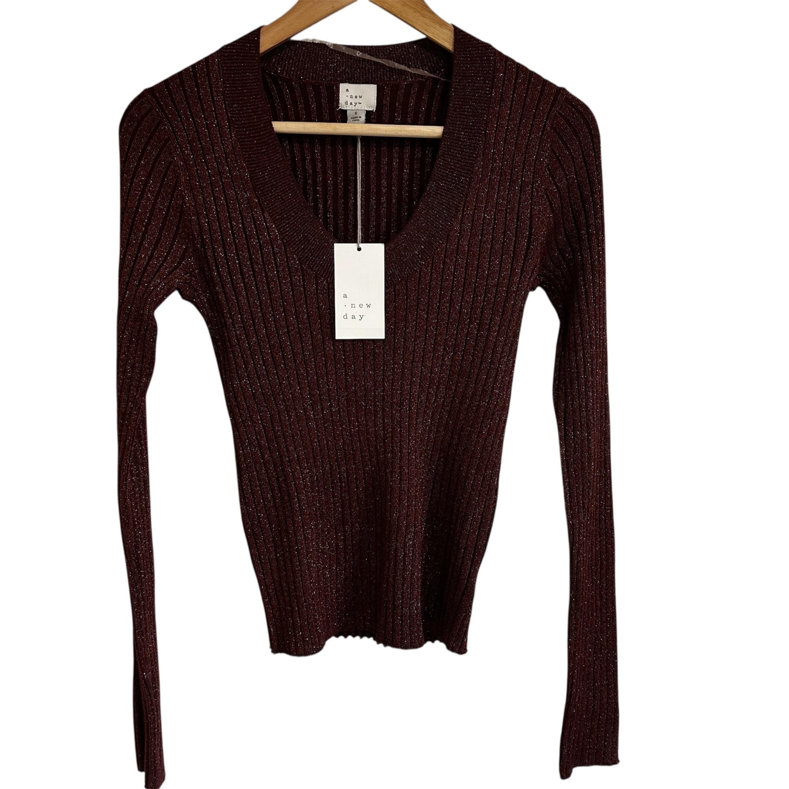 A New Day Sparkle Top Ribbed Knit Long Sleeve V Neck Blouse Size S