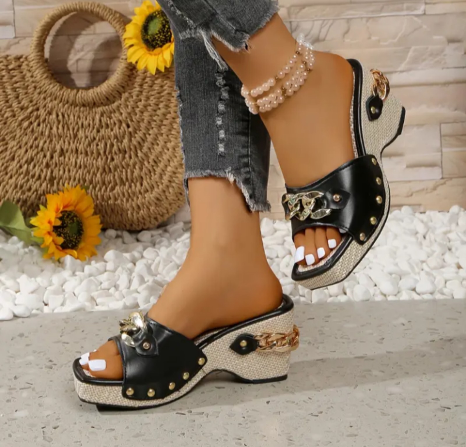 Women's Black & White -Embellished Platform Sandals