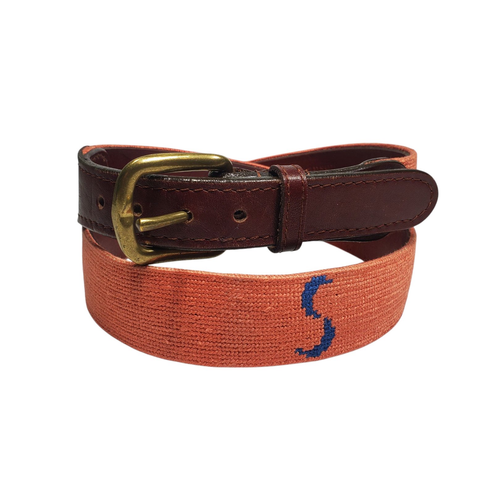 Smathers & Branson Needlepoint Belt Size 36 Salmon Pink Navy Brown Leather