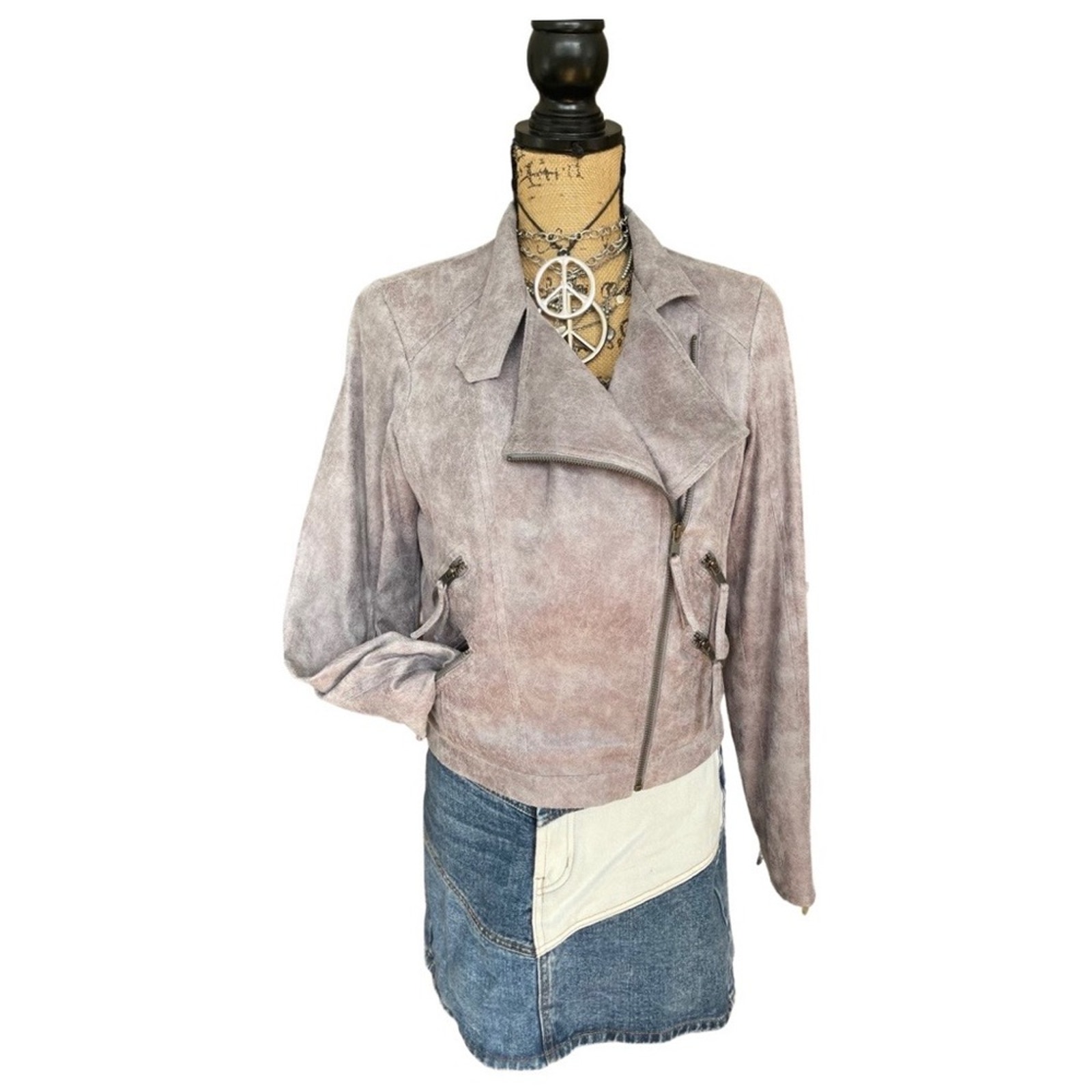 LAVANDER BROWN - NWOT faux leather moto biker jacket crackled gray size SMALL