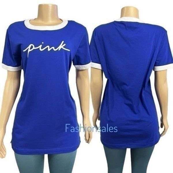VIctorias Secret PINK Campus Ringer Logo Oversized tee Blue Small