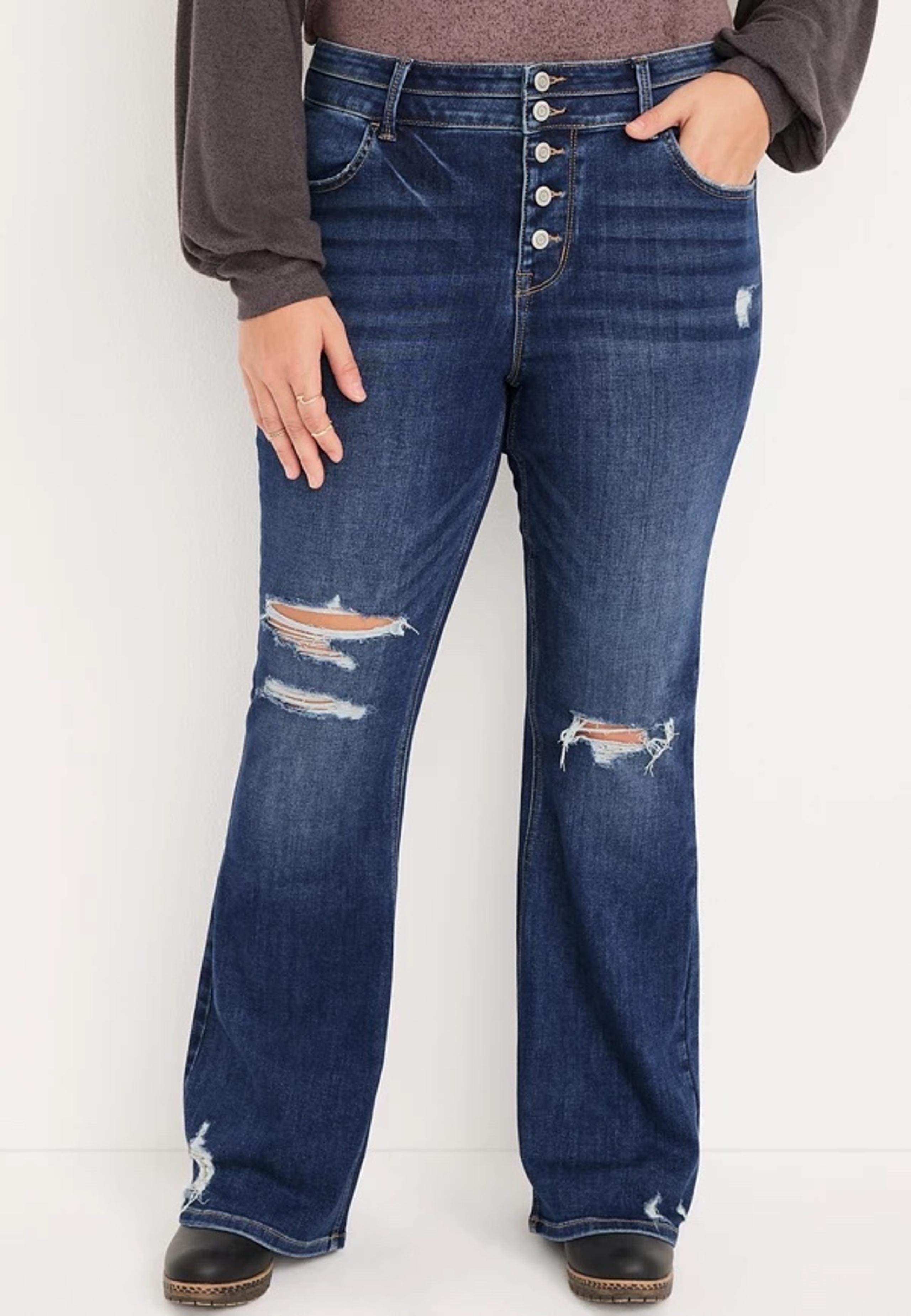 M by Maurices 18W Blue Distressed Comfort Flare Super High Rise Jeans