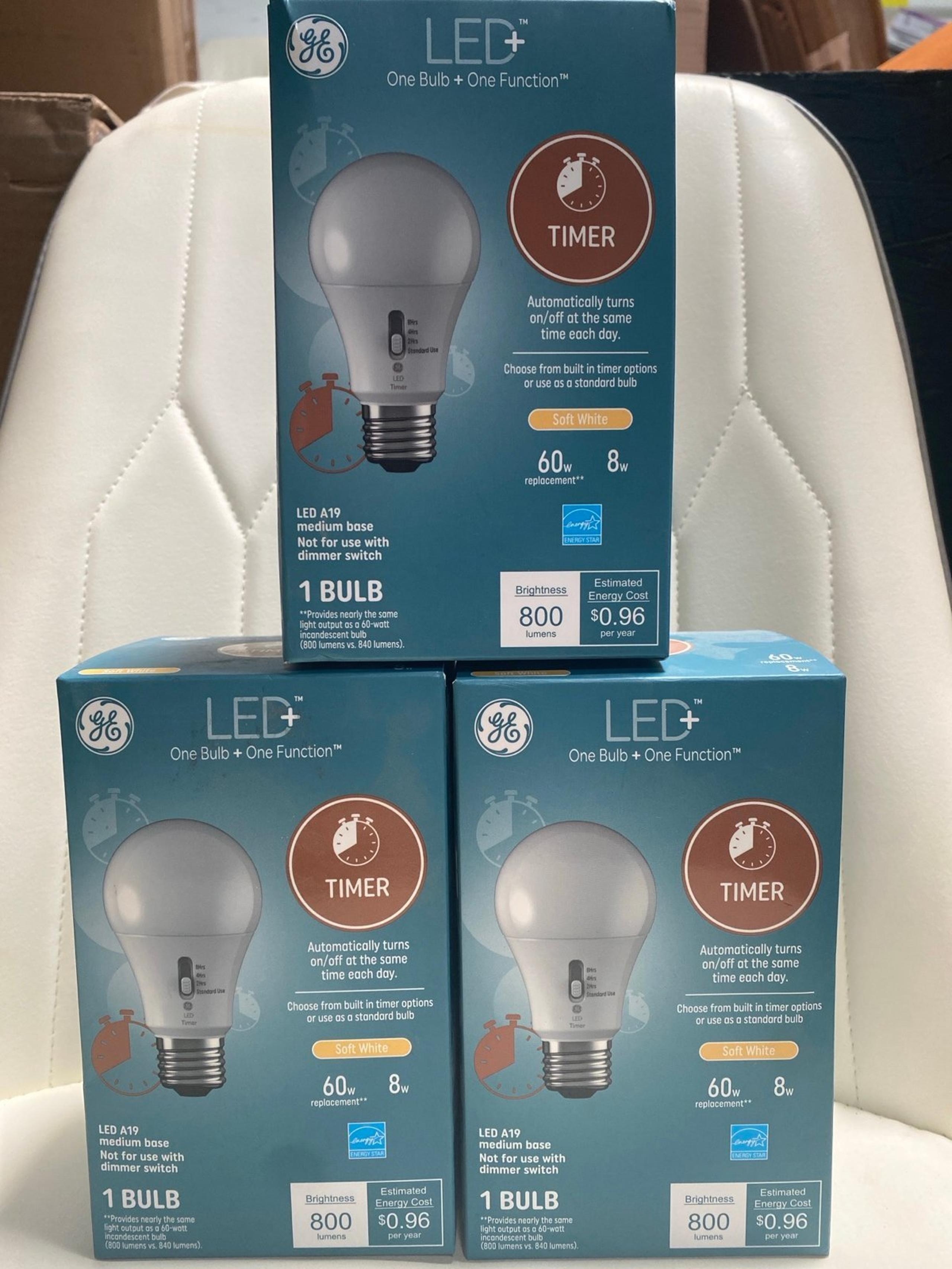 GE LED+ Timer A19 LED Light Bulbs, Built-in Automatic Timer Pack of Three