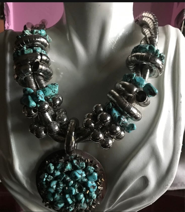 Vintage Statement Necklace Turquoise Layered Breaded Tubes Silver Tone