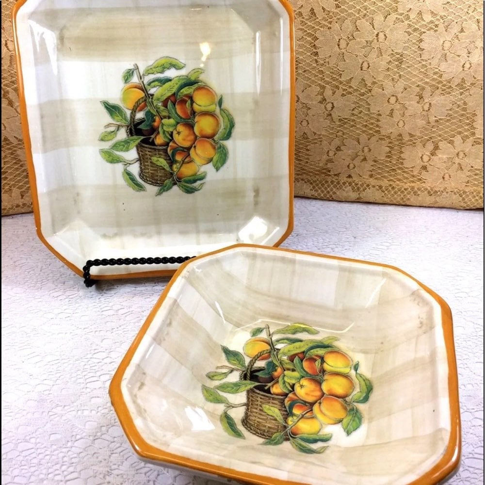 2 Himark Italy Peaches & Bucket Ceramic Serving Tray & Bowl Orange Green Yellow