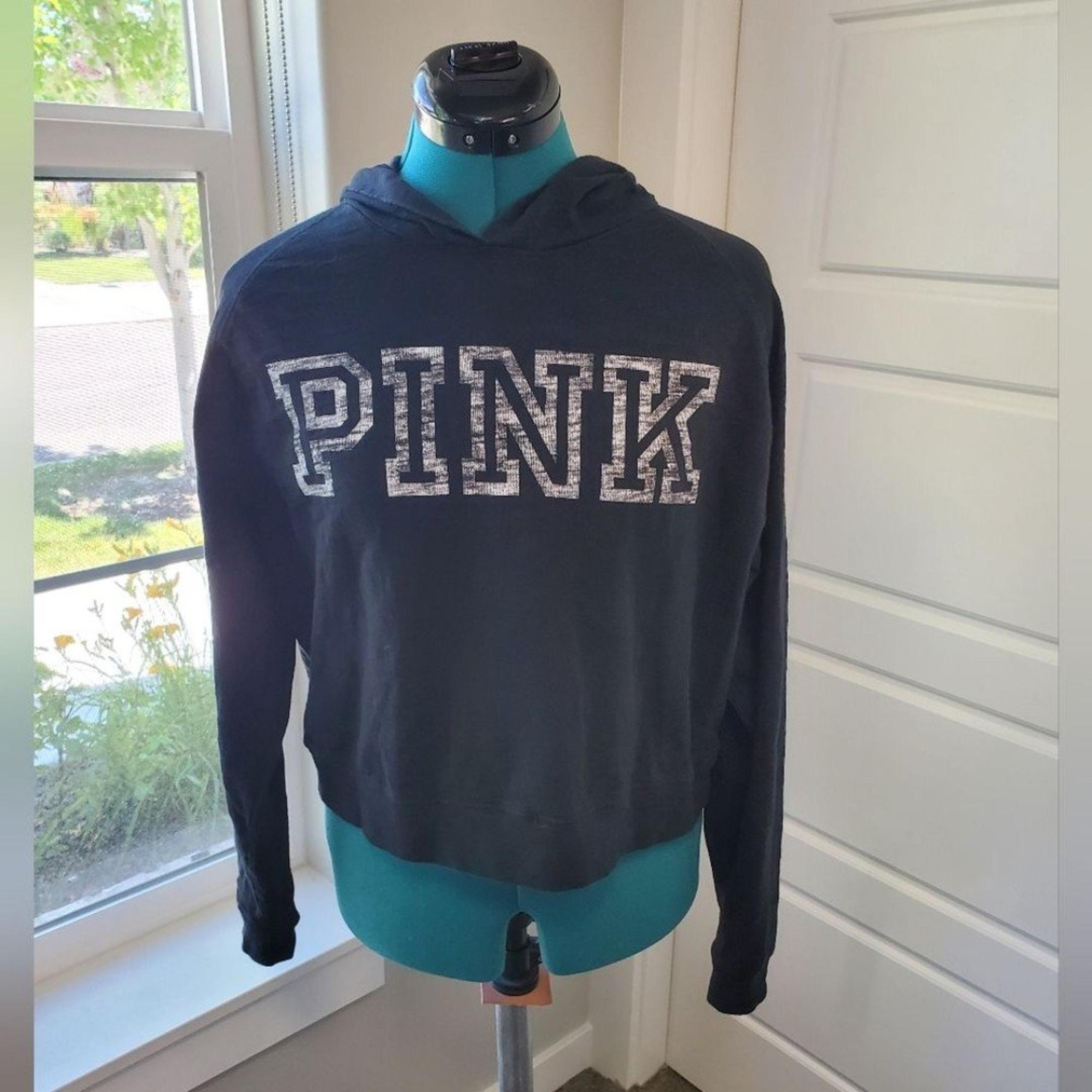 PINK VICTORIA'S SECRET BLACK LIGHTWEIGHT CROPPED HOODIE SWEATSHIRT WOMEN XS