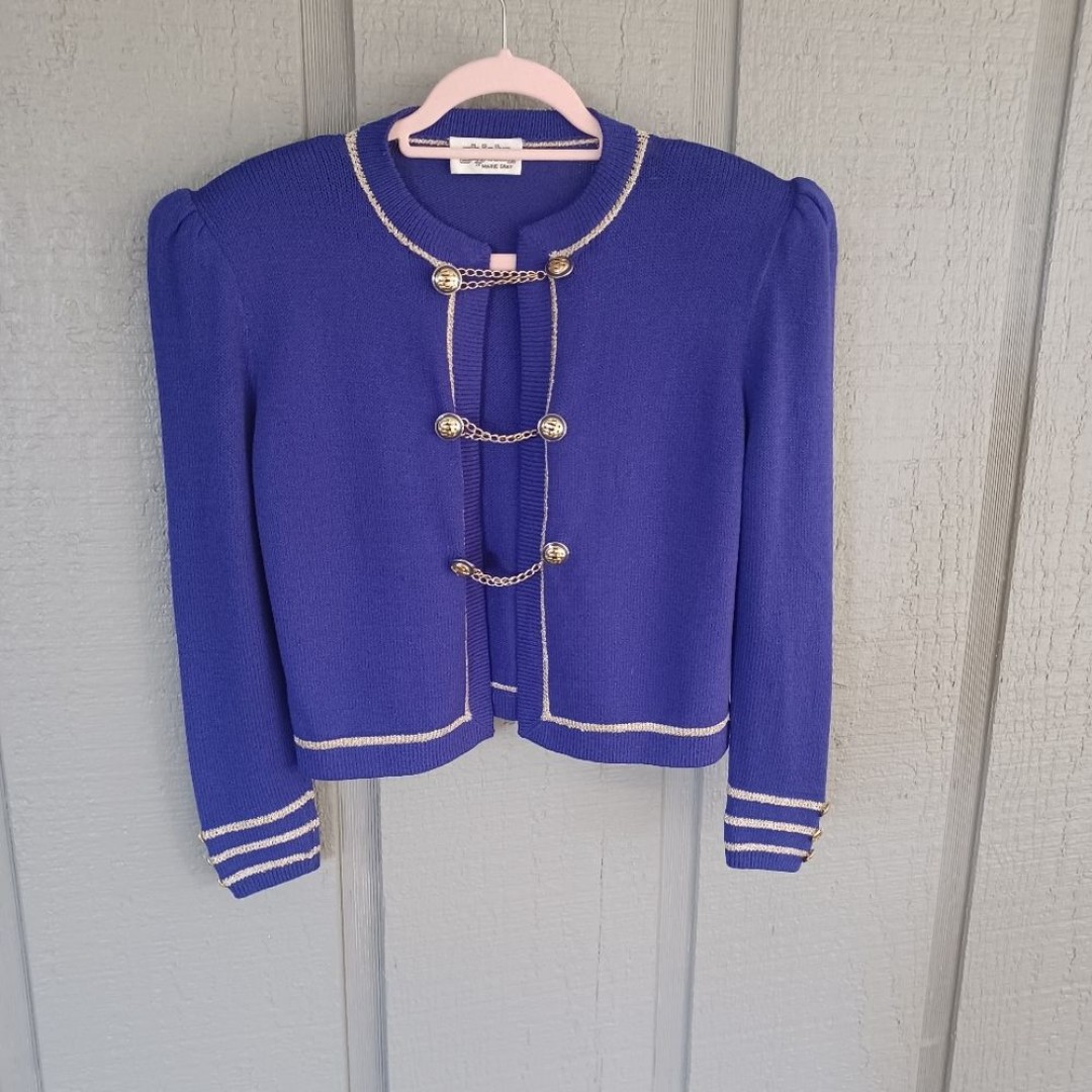 St John Marie Gray Vintage Women Nautical Cardigan Size 8 Gold Chain Links