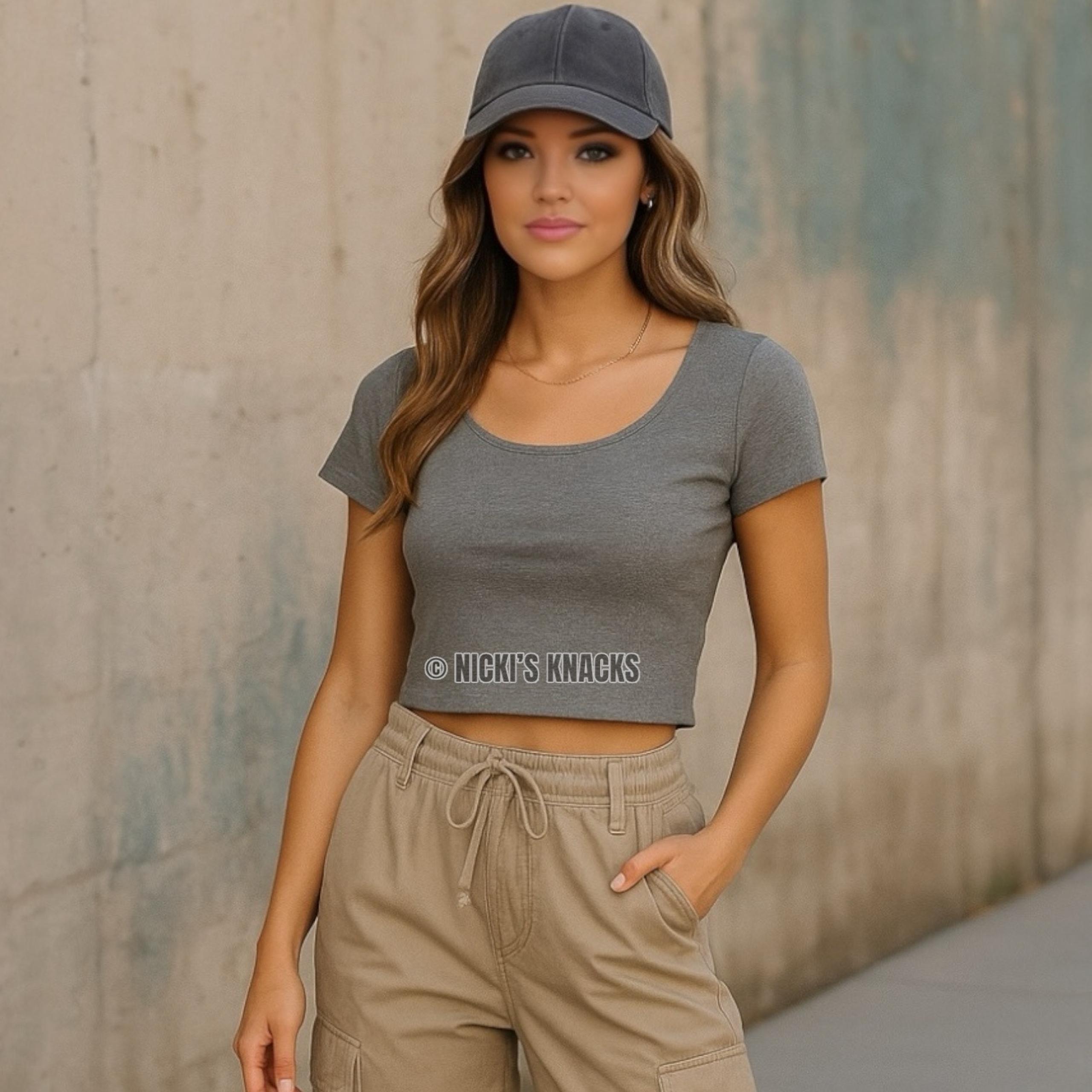 Mossimo Ribbed Knit Short Sleeve Crop Top Gray Stretchy Scoopneck Size L