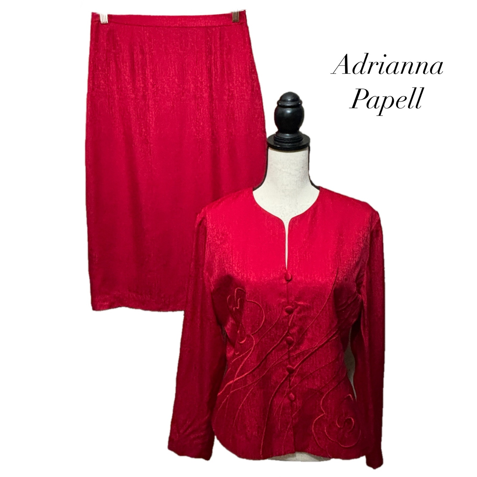 Adrianna Papell Red Floral Embroidered Sequin Bead Silk Blazer Skirt Set Size 12