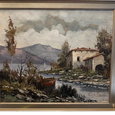 Signed Original Oil Painting Italian Lakeside House Boat Landscape 27” x 23”