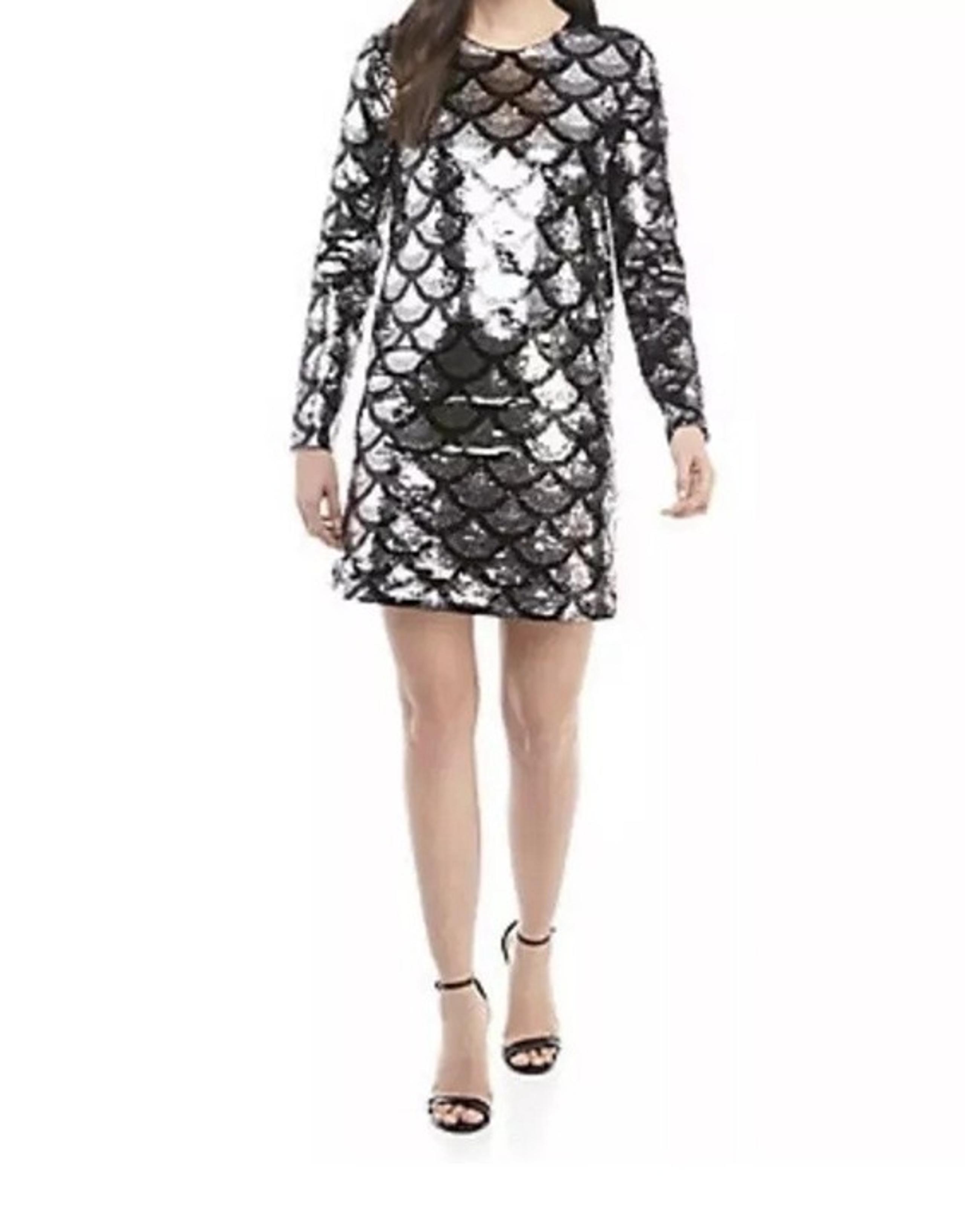 Michael Kors Scallop Sequin Shift Long Sleeve Dress In Black Silver Size Small