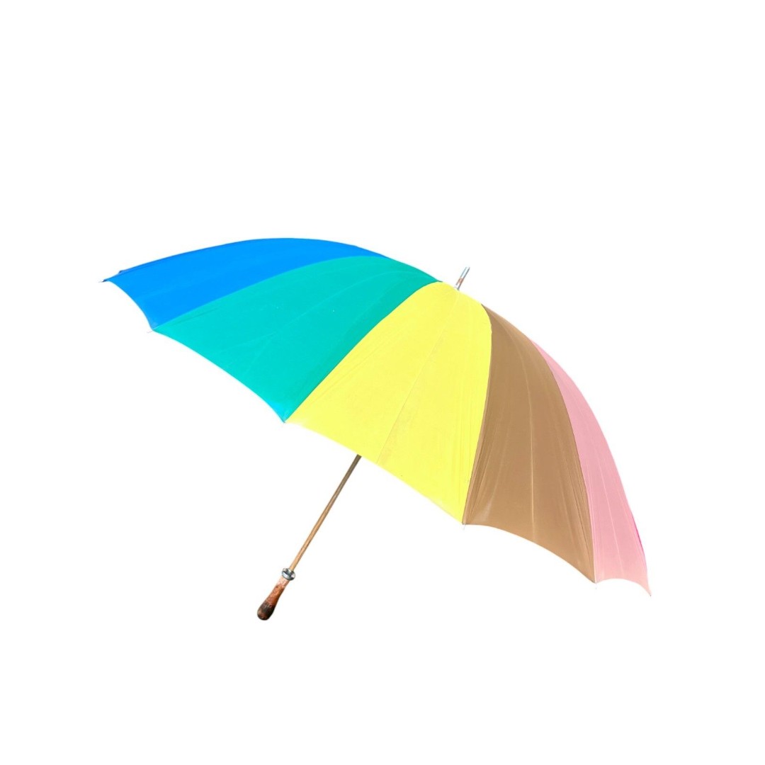 Vintage Colorful Rainbow Umbrella w/ Case Wooden Handle Summer Beach Vibes Boho