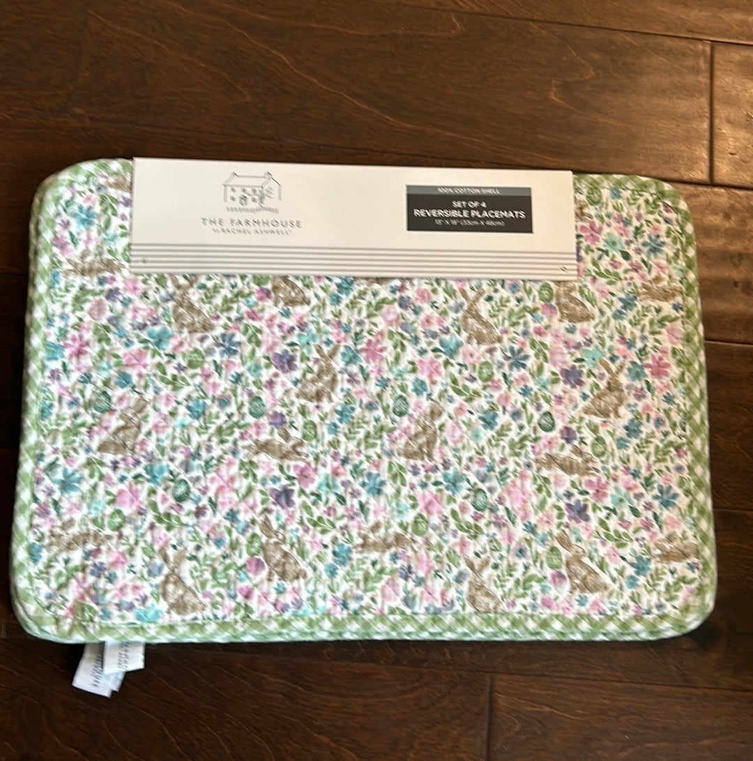 Rachel Ashwell Easter Placemats Reversible Plaid Bunny Rabbit Floral Eggs