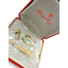 Charng Ching Cufflinks Neck Tie Clip Set Gold Tone Simulated Turquoise Wedding