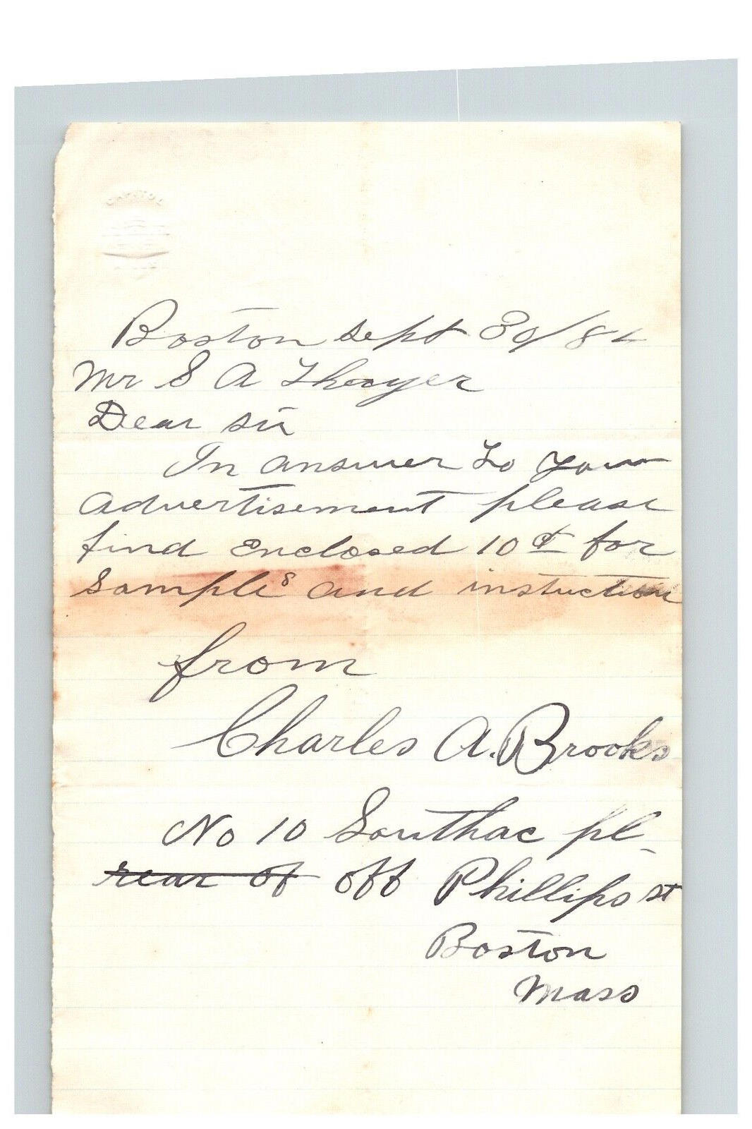 1884 Handwritten Letter Charles A Brooks Boston Massachusetts MA Family History