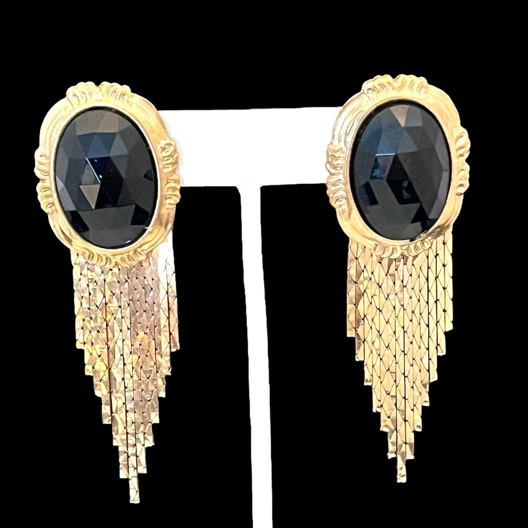 Vintage Earrings Faceted Black Waterfall Design Gold Tone 1980s Runway Style 9M