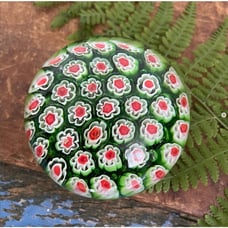 Vintage Millefiori Glass Paperweight Red White Green Floral Pattern Design