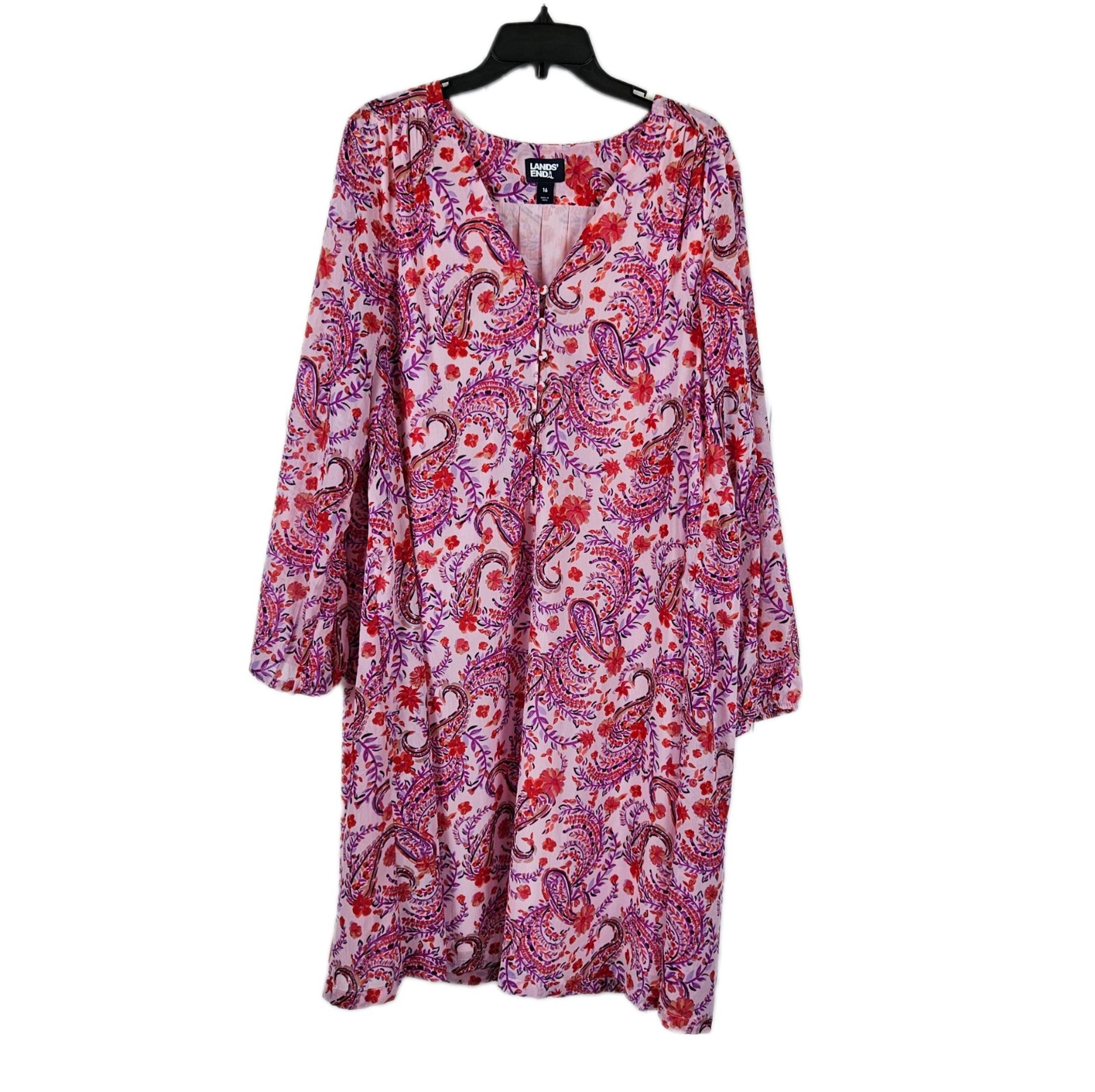 Lands End Womens 16 Paisley Dress Knee Length Long Sleeve Chiffon Lined V Neck