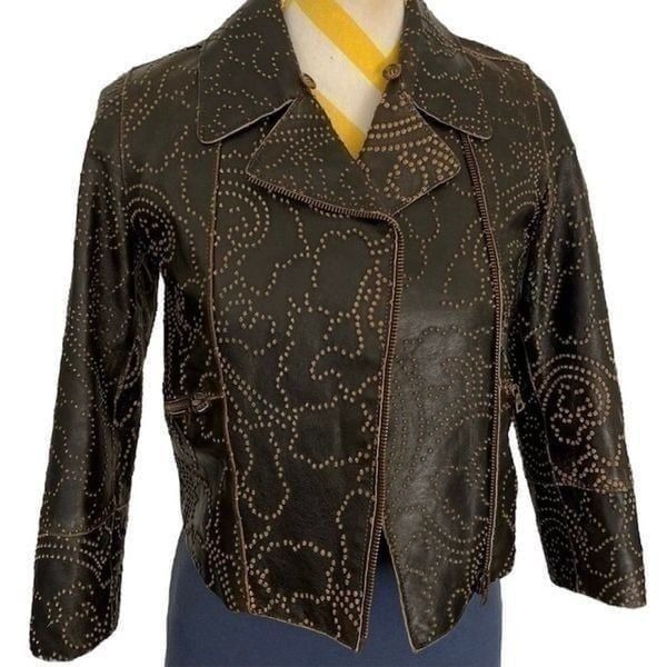 Deanna Crop Moto Leather Jacket Made in Italy Brown Textured Full Zip XXS XS