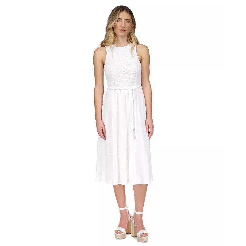 Michael Kors Smocked Texture Grecian Old Money Sleeveless Midi Dress White L NWT