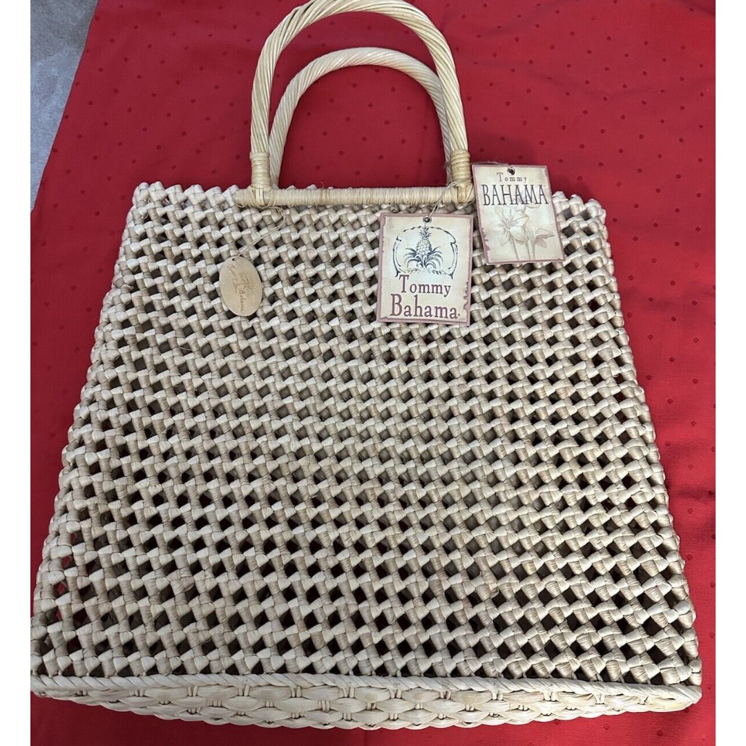 Tommy Bahama Twisted Original Straw Tote Bag Hard Handled Shoulder Beach Bag NWT