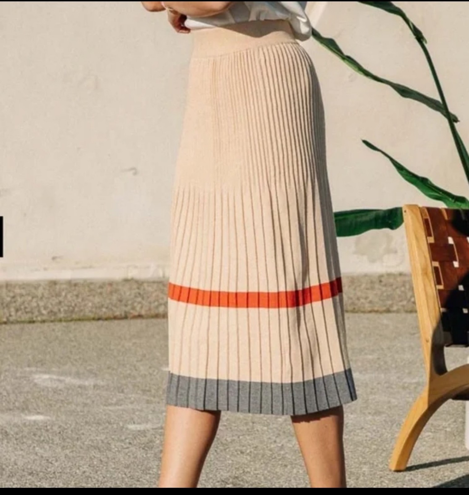 pleated peach tan orange color block stripe preppy sweater skirt