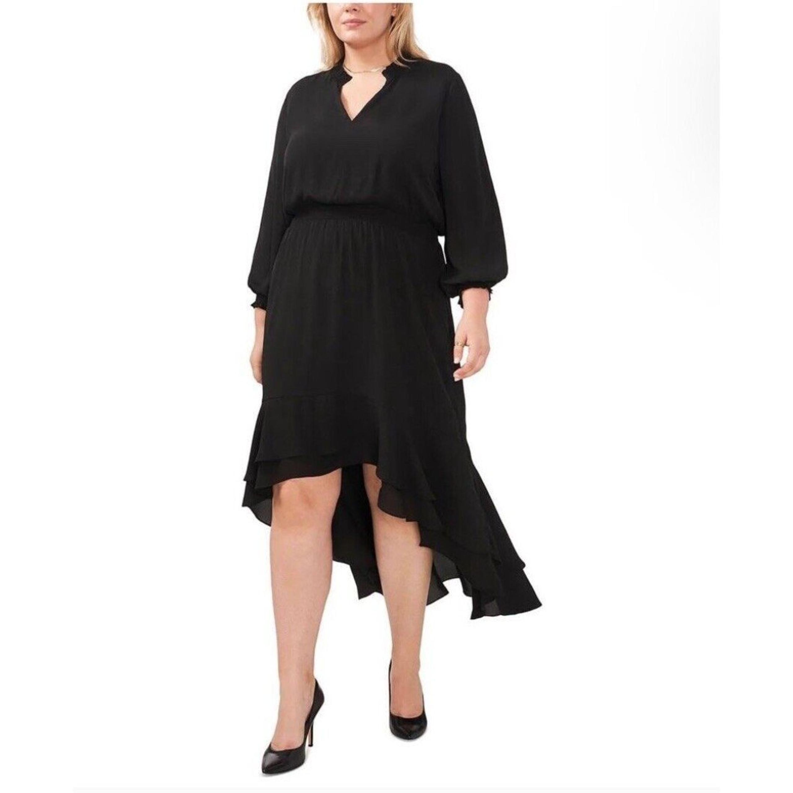 Vince Camuto Womens Plus Smocked High Low Midi Dress Black 1X Asymmetrical
