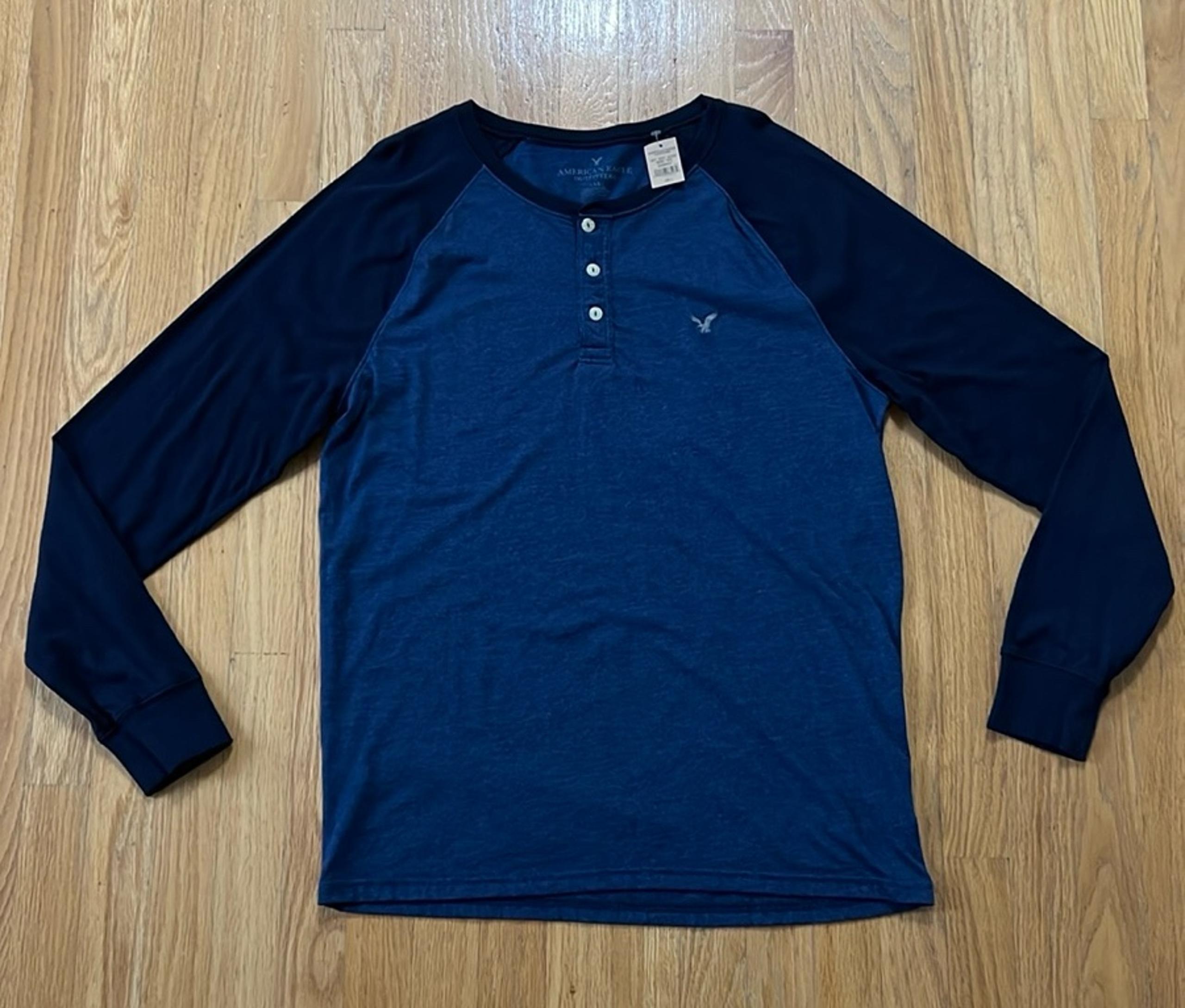 NWT American Eagle Blue Henley Long Sleeve Shirt Mens Size Large Cotton New