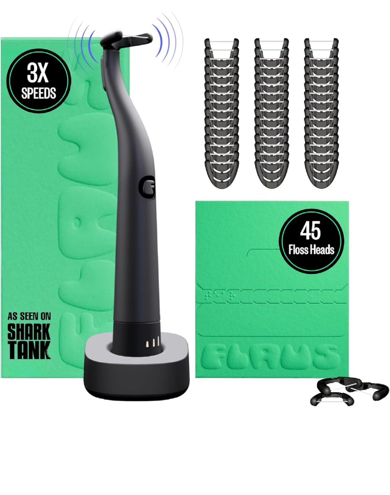 FLAUS Electric Flosser (Shark Tank) with 3 Speeds + 45 Replacement Heads - Easy