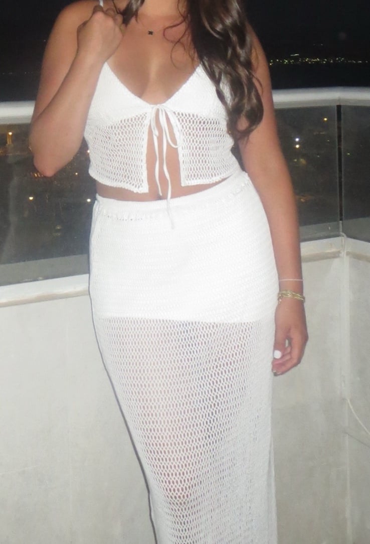 Toya Women’s White Mesh Front Tie Tank Top Maxi Skirt Set