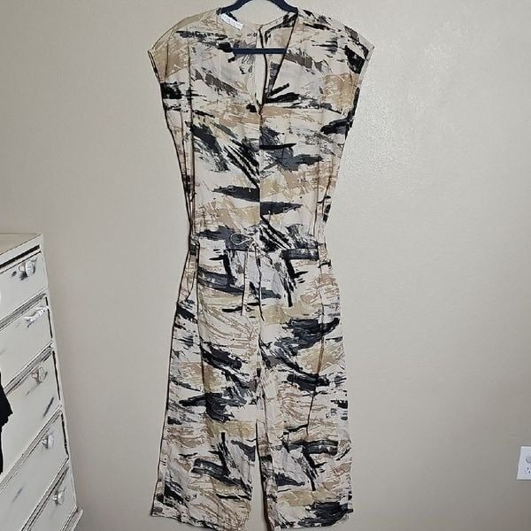 Bryn Walker Small Jumpsuit Artsy Painterly Print Wide Leg Crop Neutrals