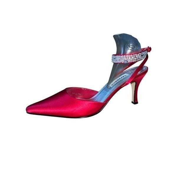 Capparos Red Silk Zonk Pointed stone Heel with Beaded Ankle Strap Wmn Sz 10 READ