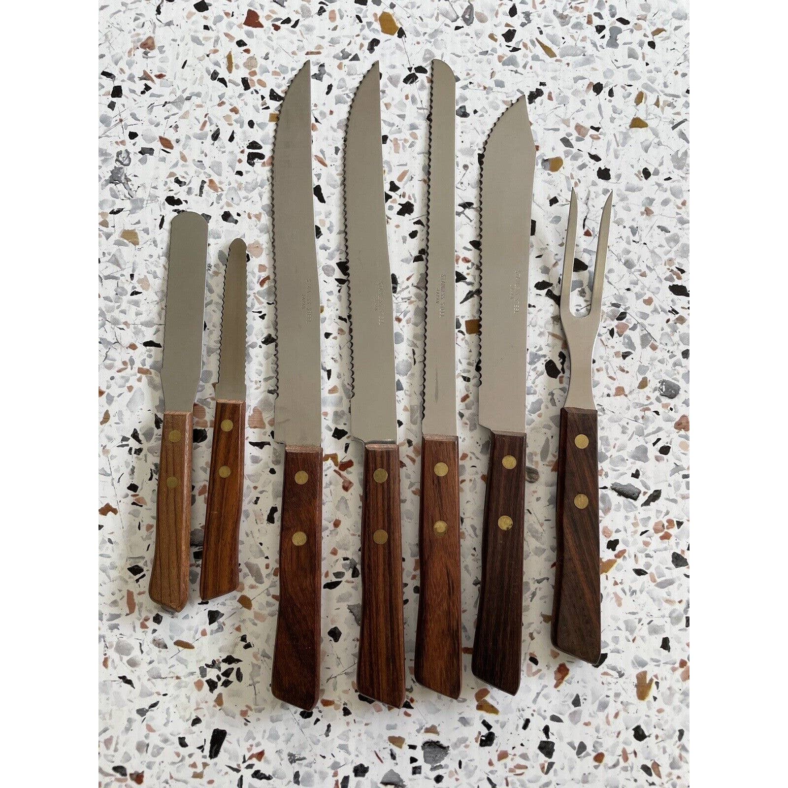 Set of 7 Stainless Steel Kitchen Knives Wooden Handled Made in Japan - NEW