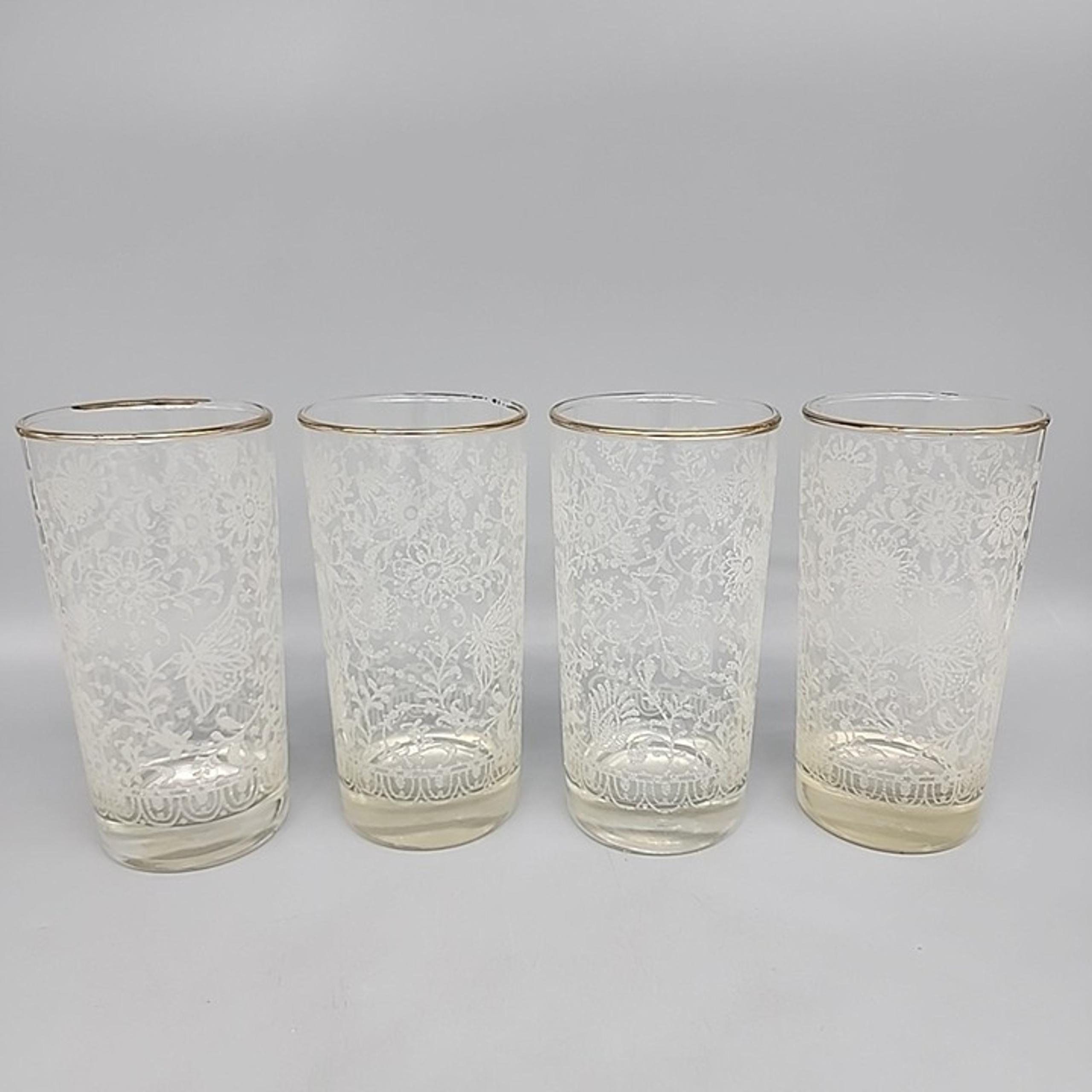 Vintage Libbey White Raised Flower Gold Rim Tumbler Glasses Set of 4 MCM 16 Oz