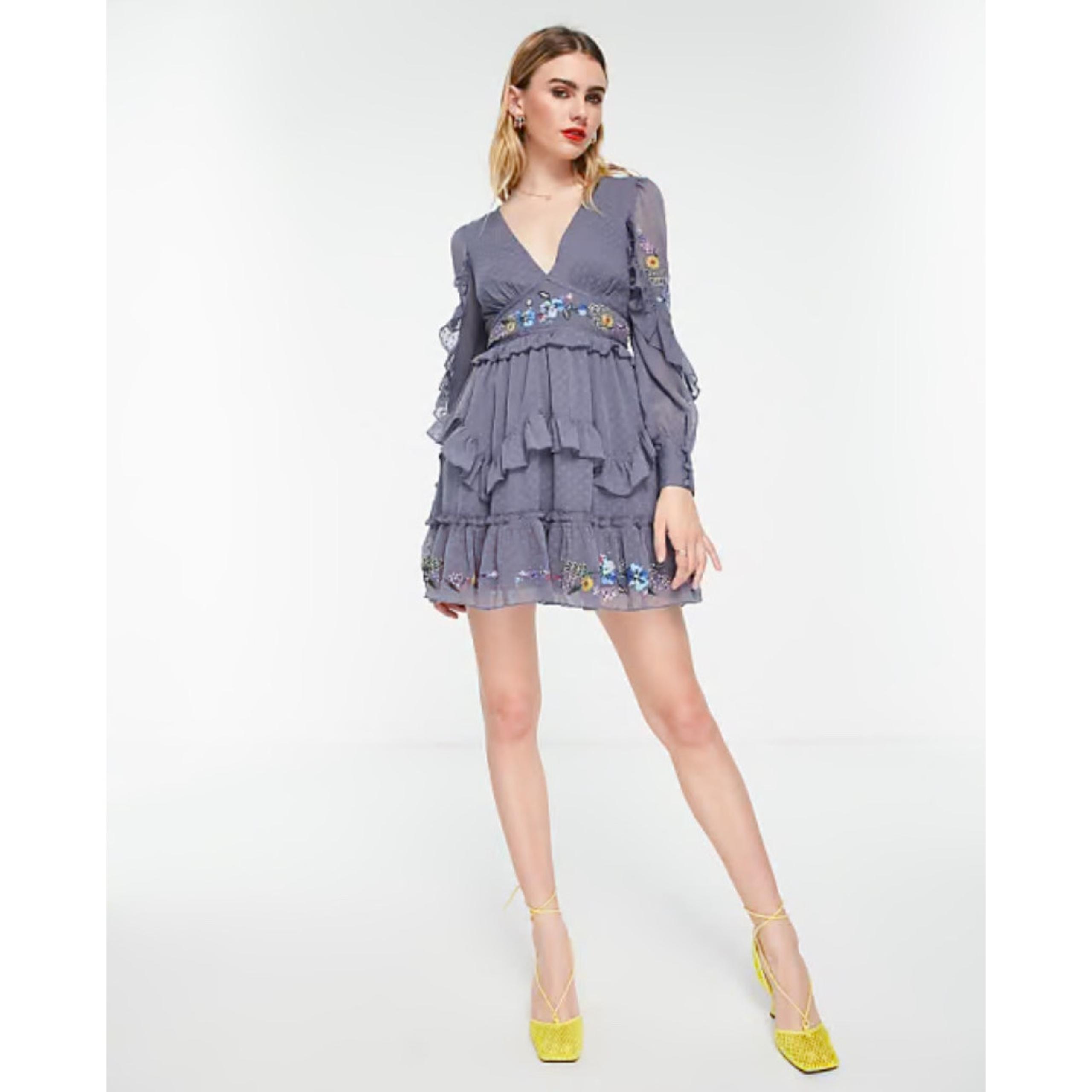 ASOS Mini Dress Size 8 NWT Swiss Dot Embroidered Ruffle Long Sleeve Sheer Boho