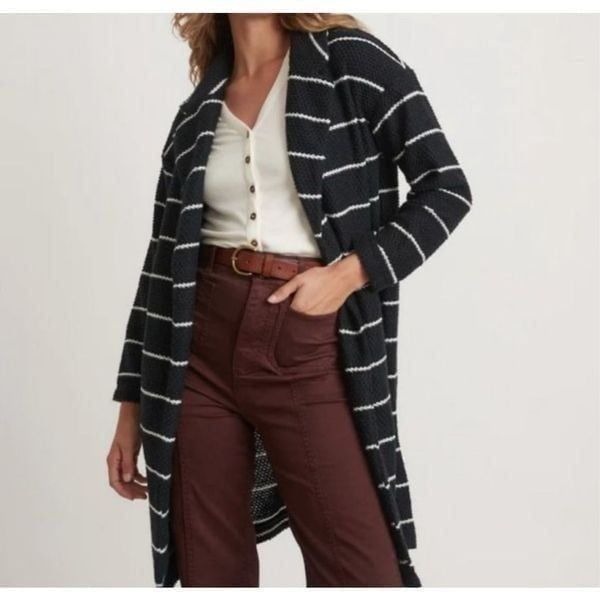 148 MARINE LAYER Women's M Birdseye Coat Open Front Cardigan Black White Stripe