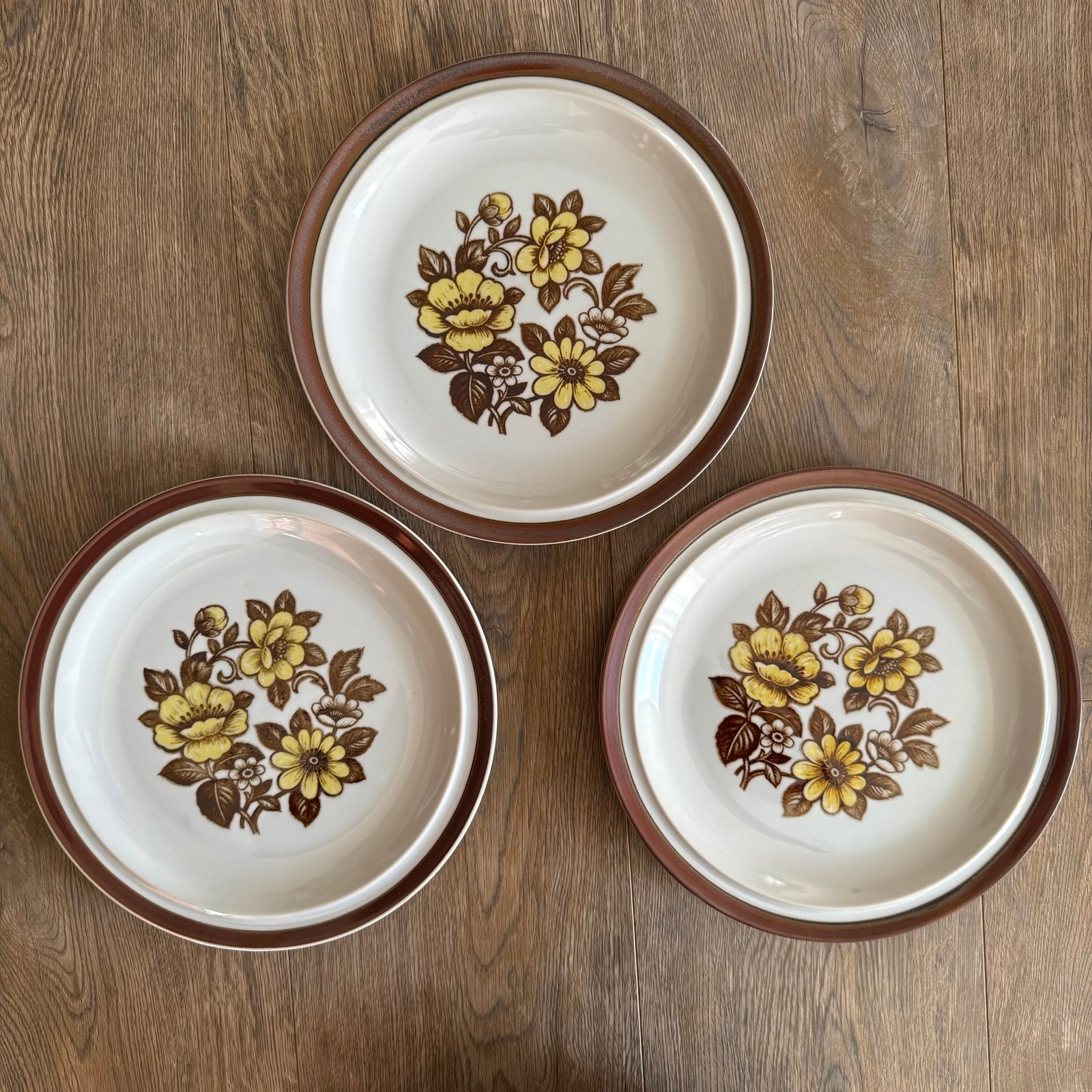 Vintage Sierra Stoneware Japan Three Yellow Brown Floral Blossoms Plates