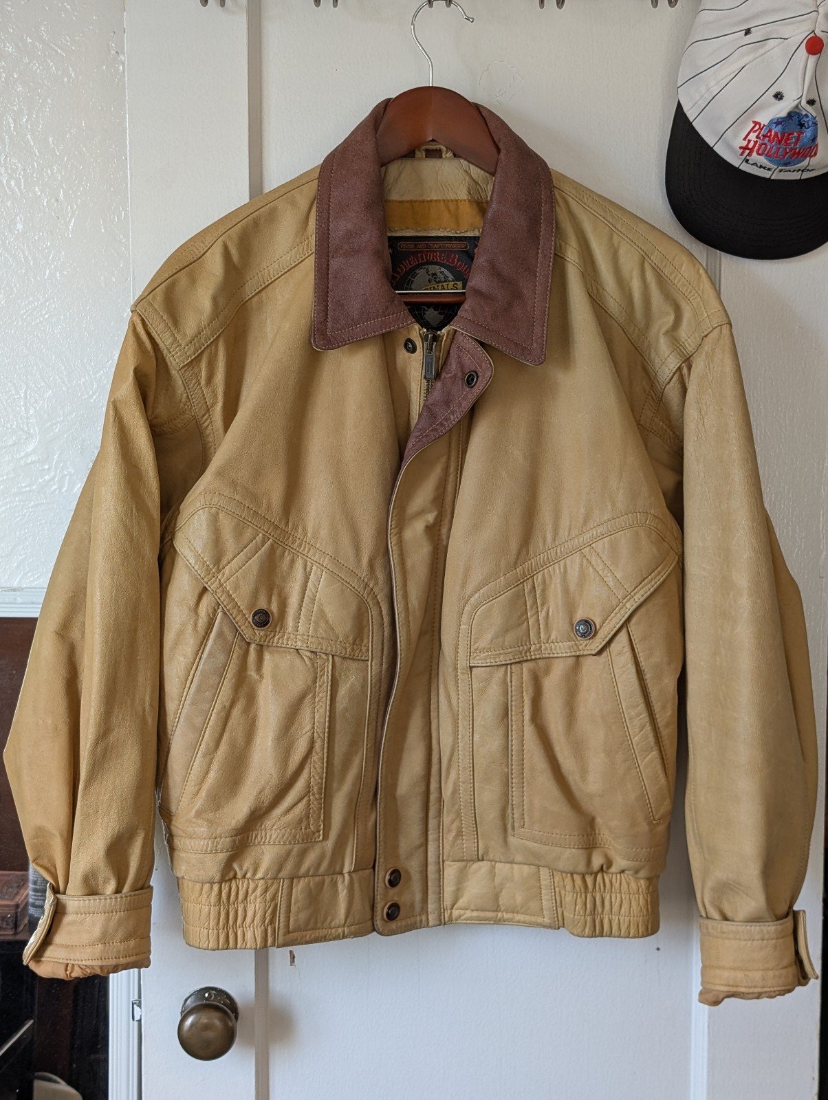 Vintage Tan Leather Jacket with Brown Contrast Collar -- Men's S