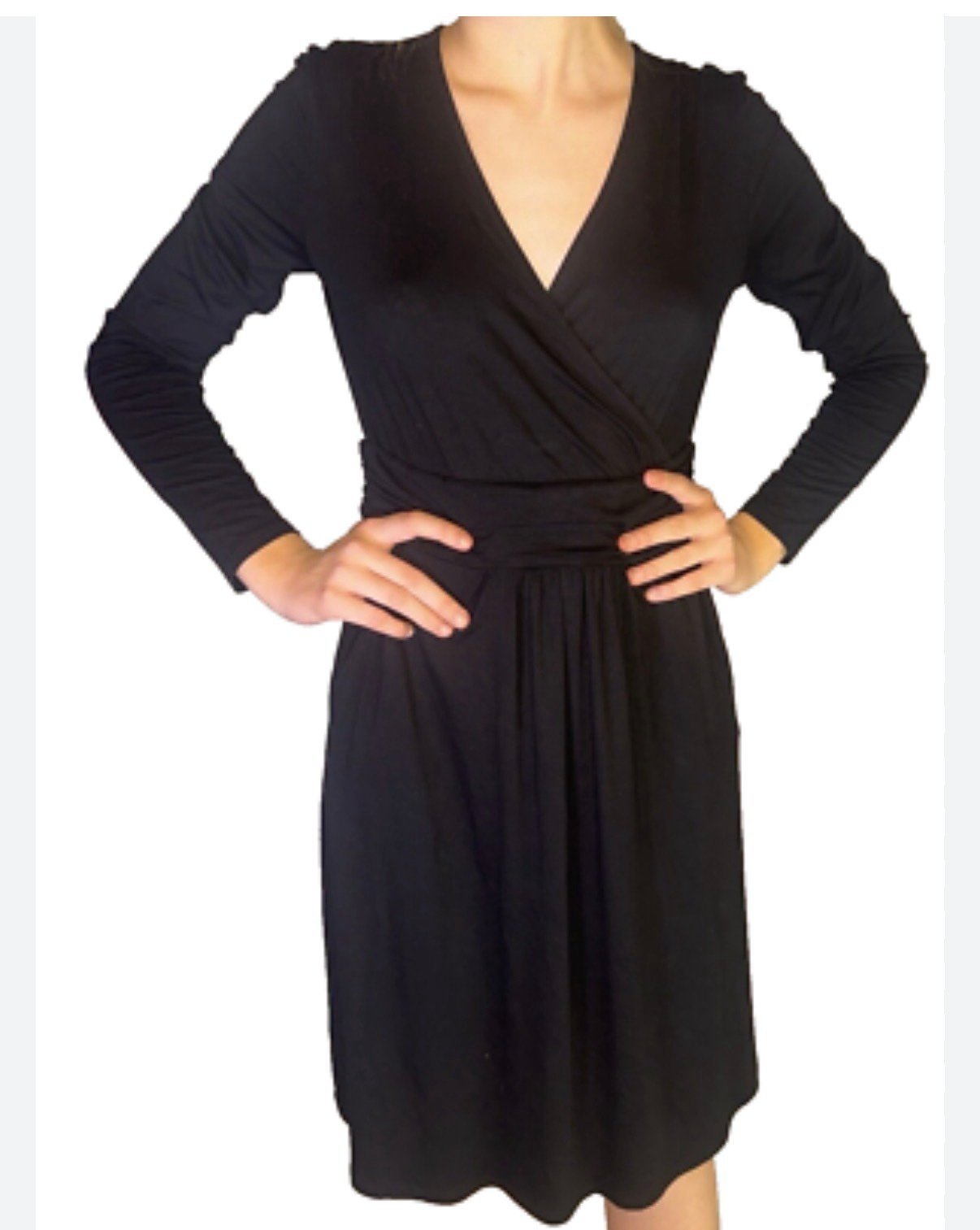 Boden @ Anthropologie Black V-Neck Faux Wrap Dress Size 16R.