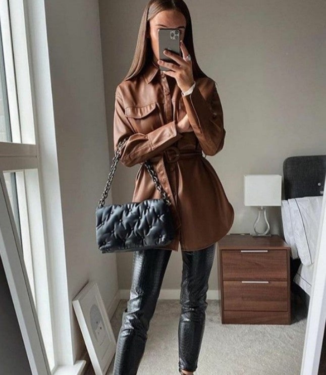 ZARA NWT Sz L Cognac Belted Faux Leather Shirt Dress Jacket NEW BLOGGER'S FAV