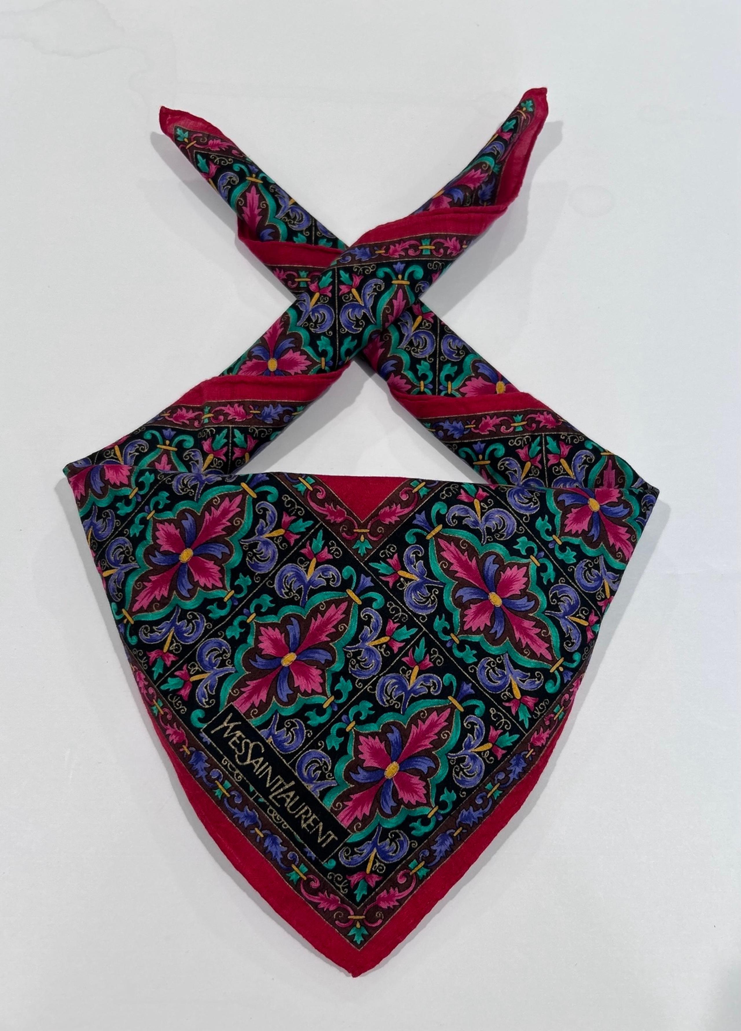 WOMEN HANDKERCHIEF YSL FLORAL PAISLEY Red COTTON POCKET SQUARE 20”