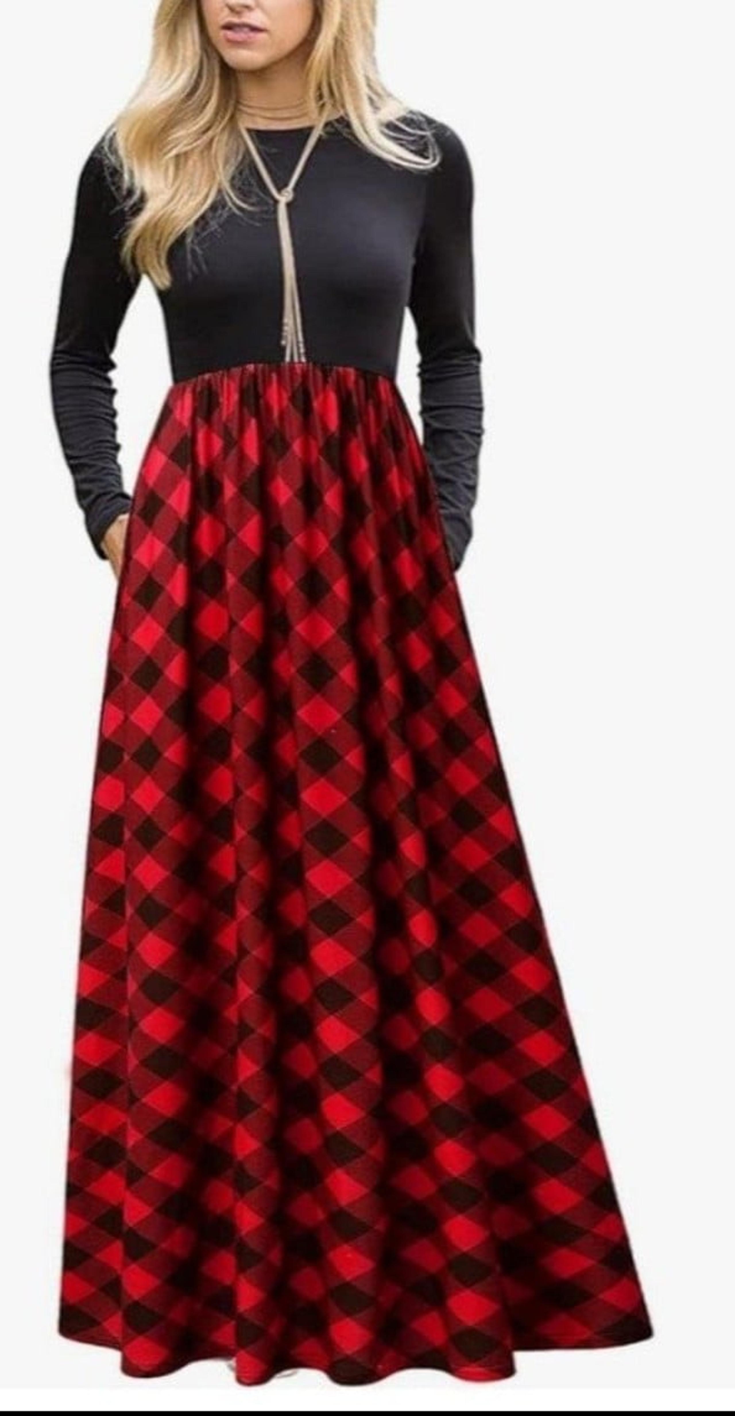 MEROKEETY Women's Long Sleeve Plaid Empire Waist Full Length Maxi Dress with Poc