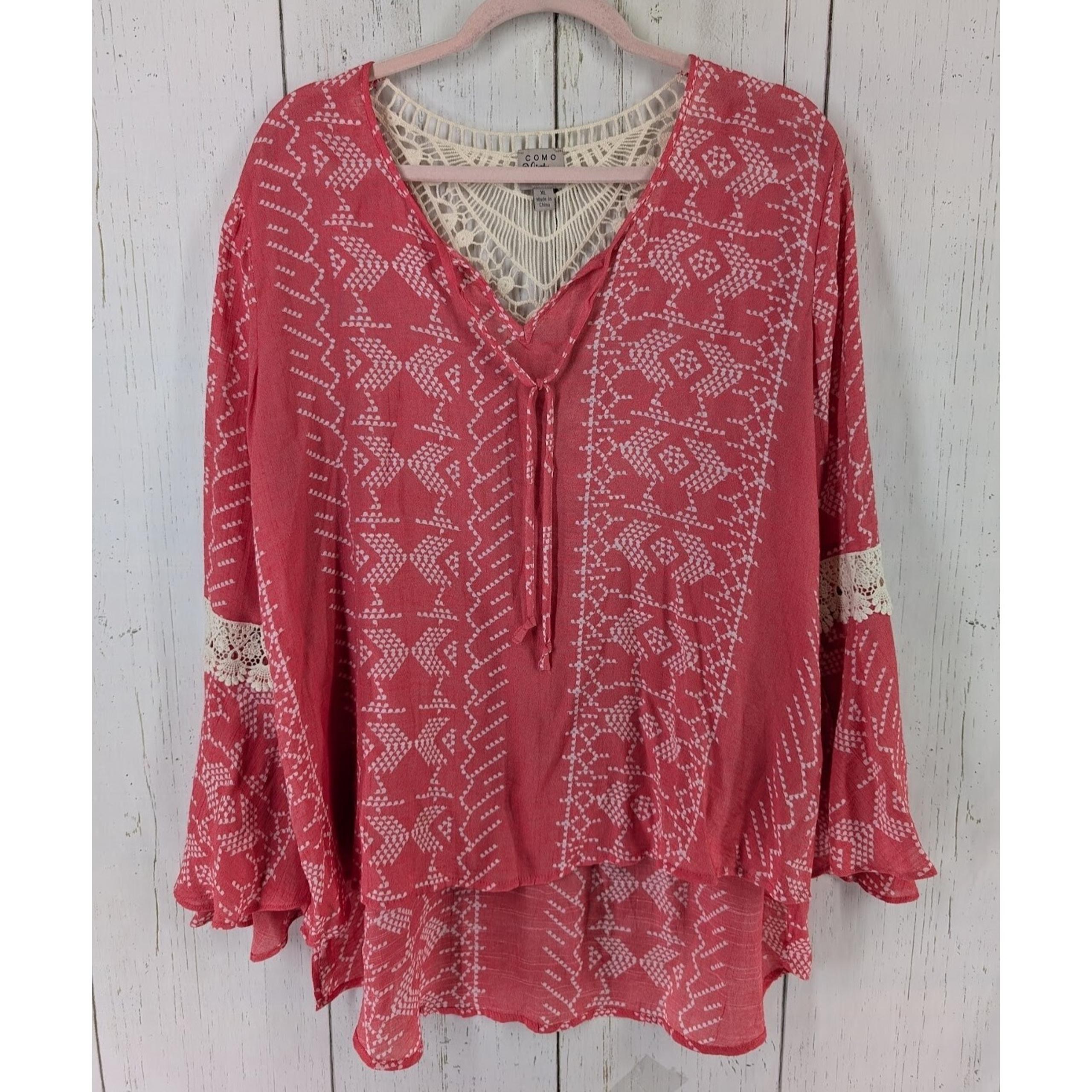 Como Vintage Size XL Womens Pink Tan Print Embroidered Long Bell Sleeve Tunic