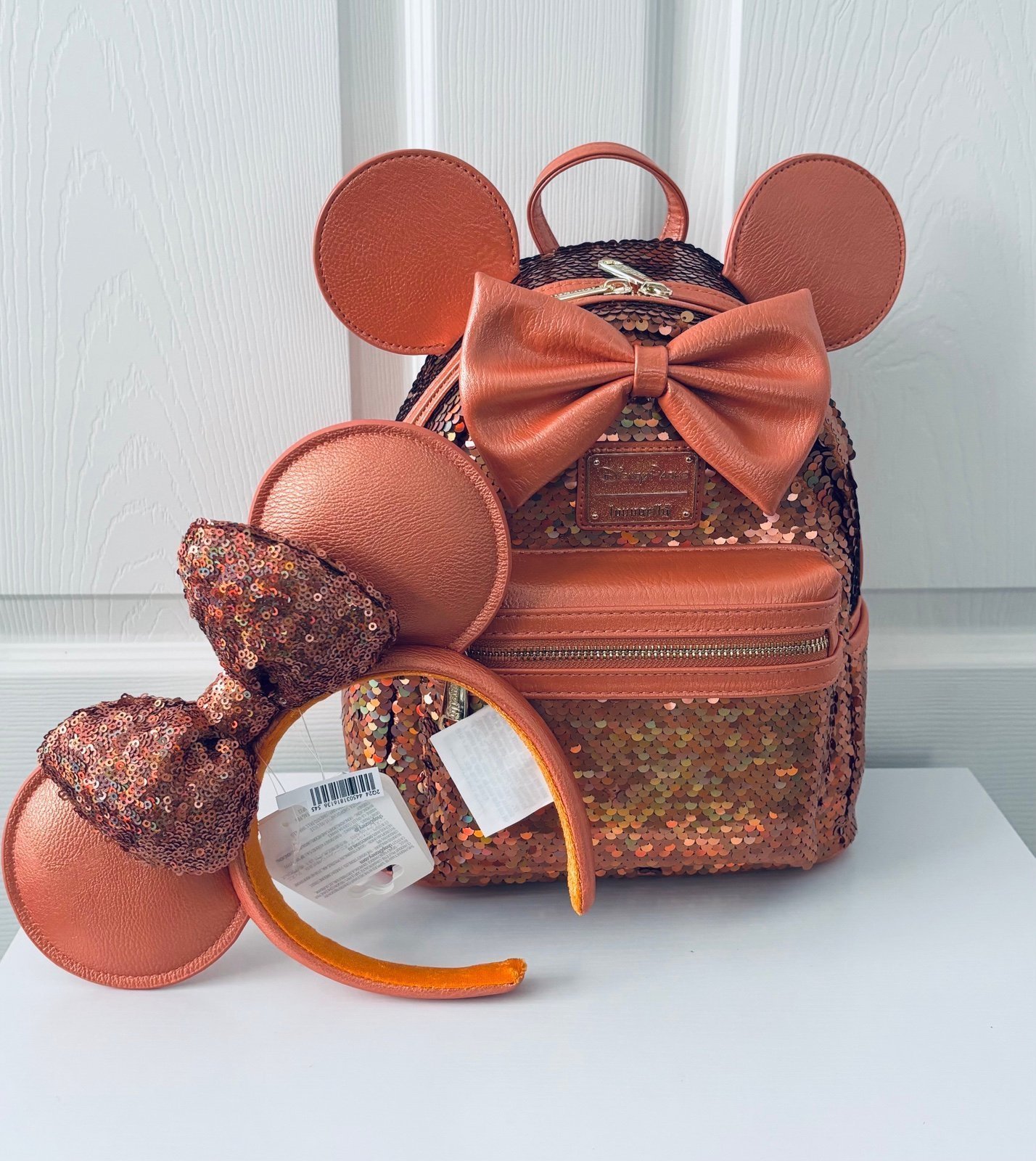 Loungefly Disney Minnie Mouse Sequined Mini Backpack Peach Punch & Ears Headband