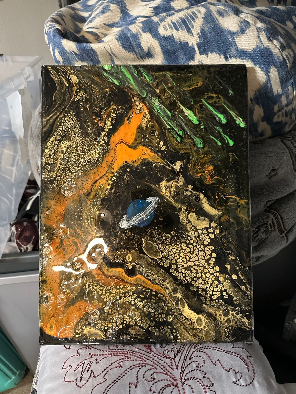 Painting blacklight active glowing solar system space acrylic epoxy poured