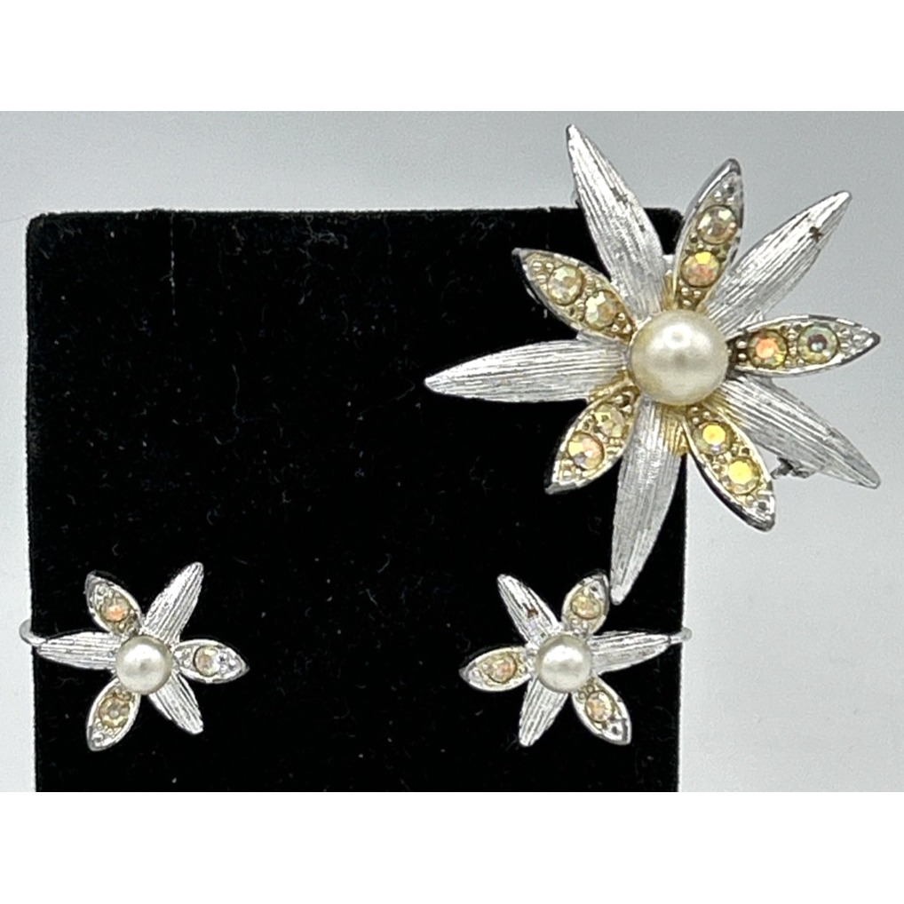 Vtg Emmons Brooch Earrings Set Silver Tone Faux Pearl Rhinestone Pin Clip On