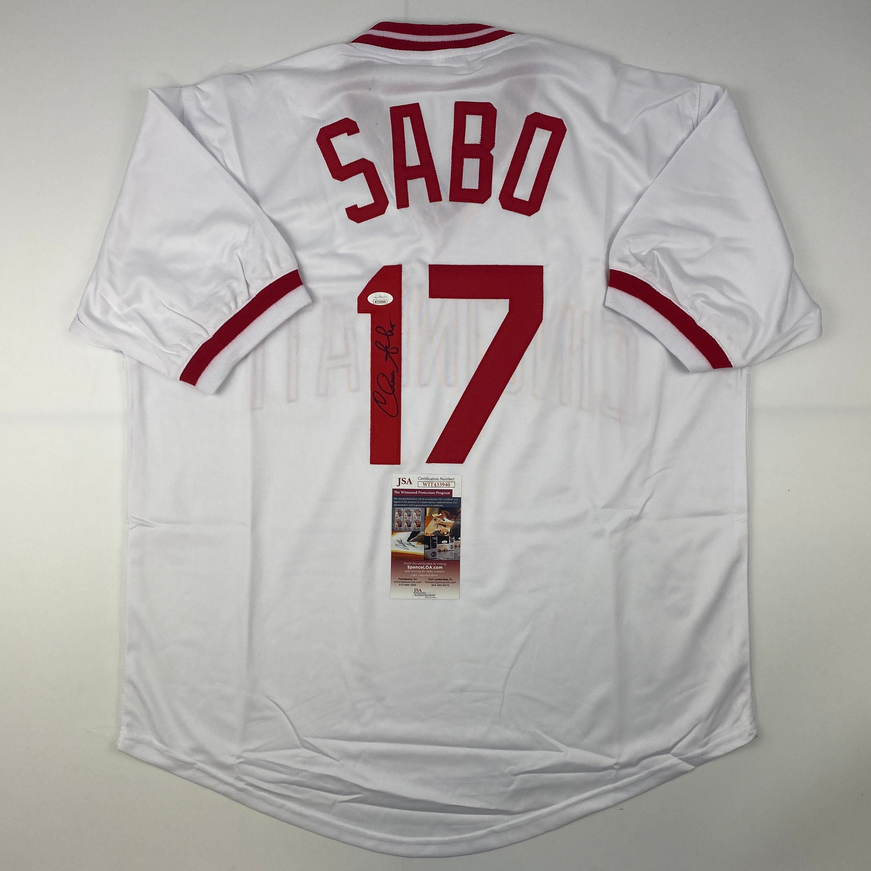 Autographed/Signed Chris Sabo Cincinnati White Jersey JSA COA