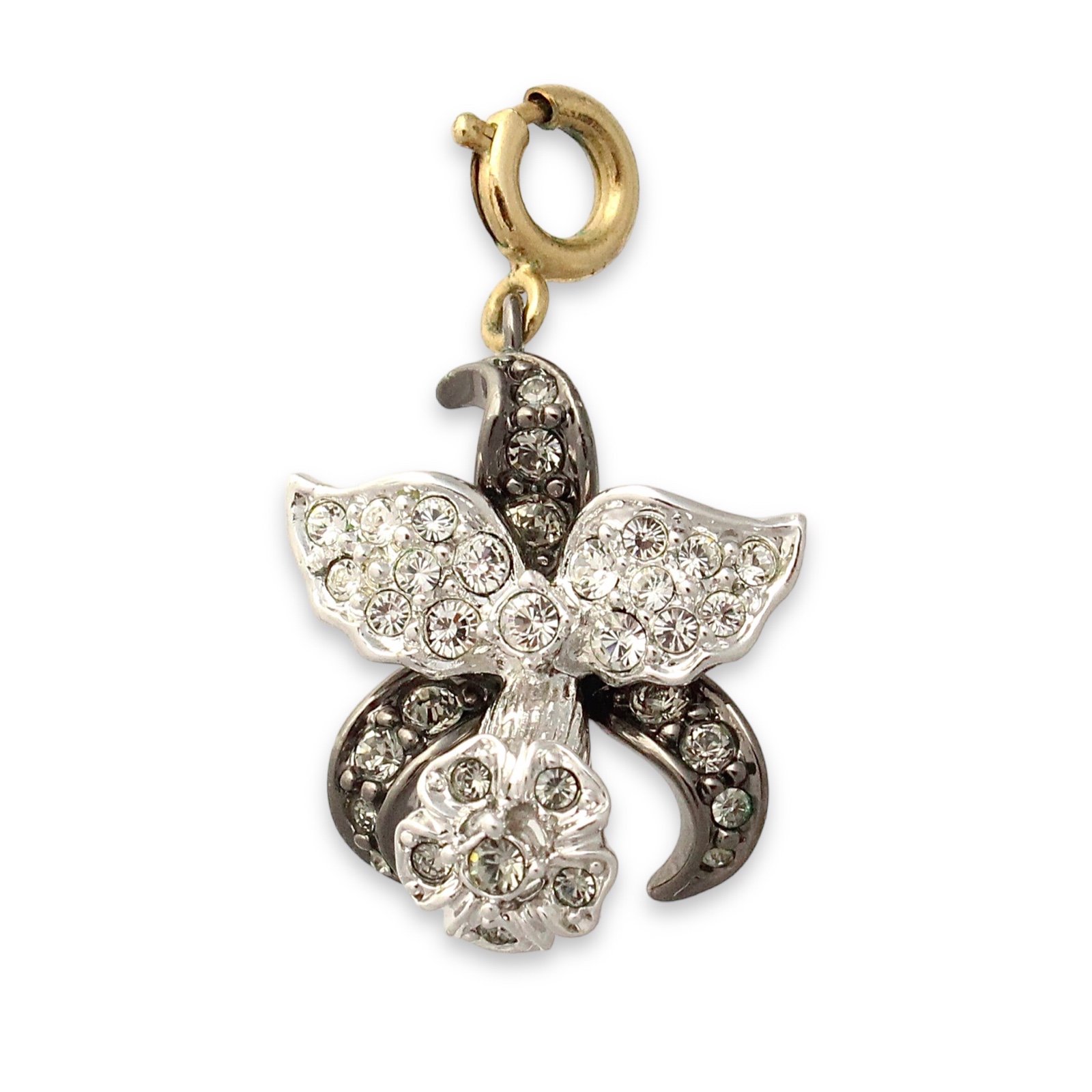 Nolan Miller Orchid Flower Charm Oxidized Gunmetal Silver Tone Rhinestone