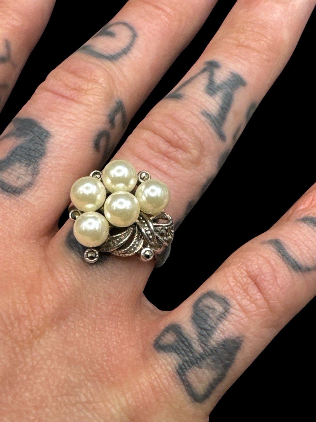 Vintage Sterling Silver Marcasite Pearl Cluster Ring Size 7 Cocktail Pearl Ring